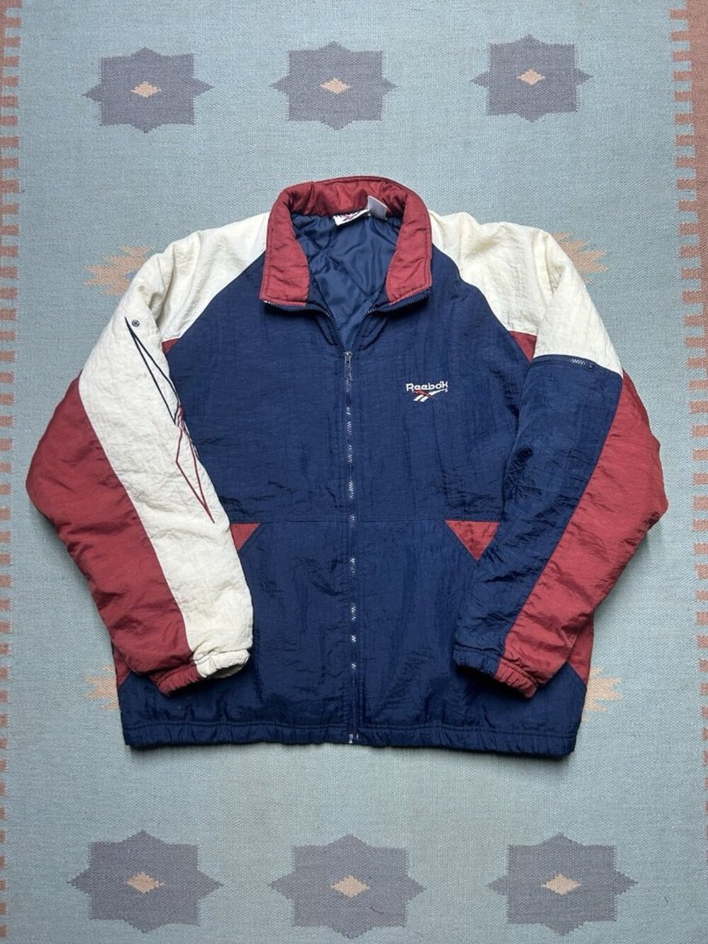 Vintage 90s Reebok puffer jacket quilt lined color block embroidered logo XL